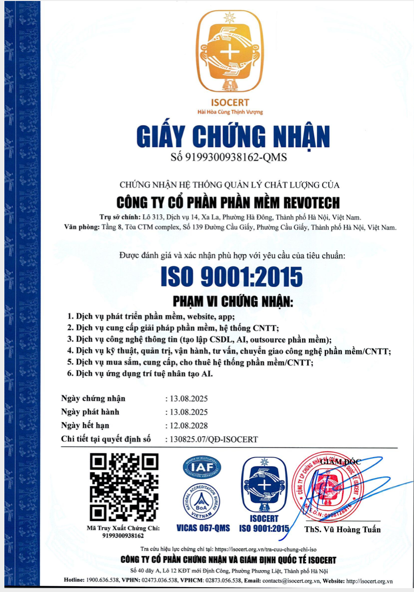 Revotech đạt chứng chỉ quản lý chất lượng ISO 9001:2015